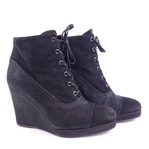 Stuart Weitzman Black Suede Stingray Wedge Lace Up Ankle Booties